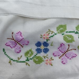 VTG cross stitch pillow cases, pair, floral purple 🟣 blue 🔵 green 🦋 butterfly